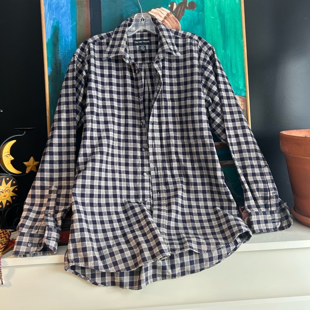 Denver Hayes Navy and White Plaid Flannel Shirt Medium